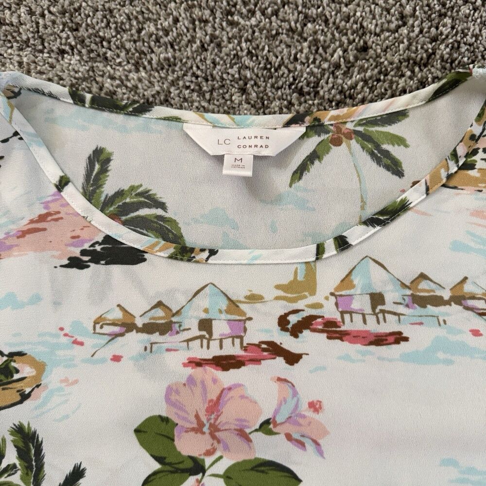 LC LAUREN CONRAD Tropical Floral Hawaiian Blouse Top Pocket Women’s Size Medium - Picture 3 of 8